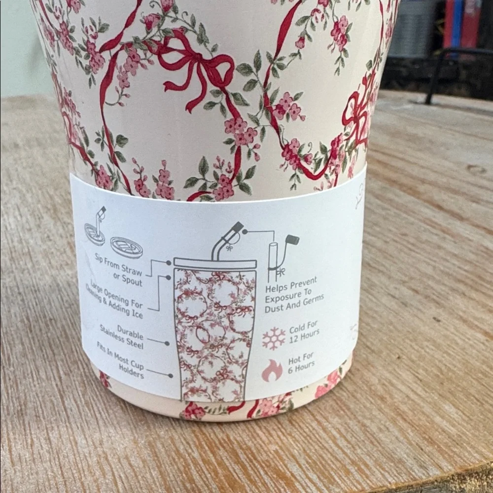 Shabby Chic Light Pink Tumbler with Red bows and flowers . 30oz. - Picture 5 of 5
